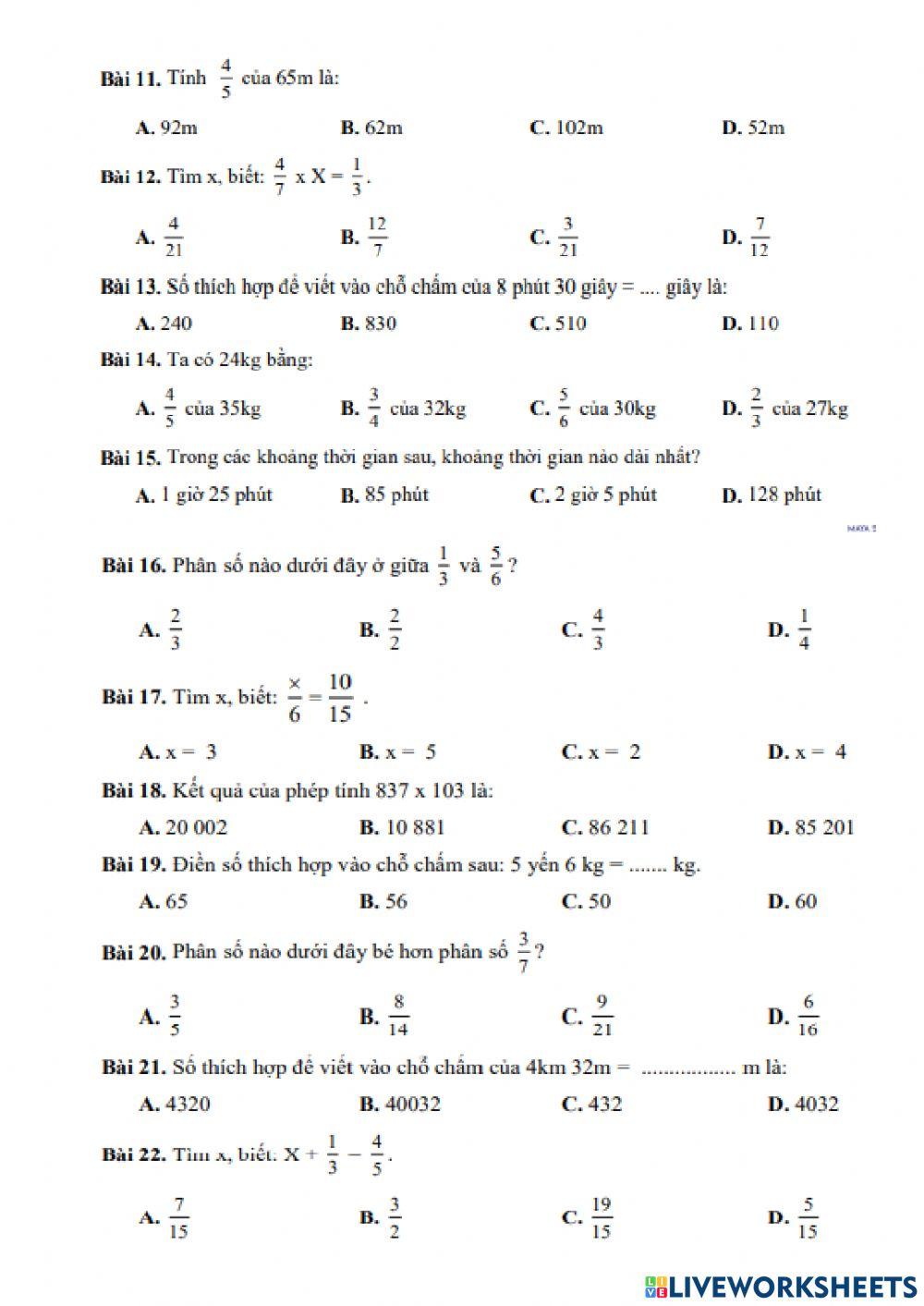 Đề 1 Ôn tập cuối năm môn Toán 4