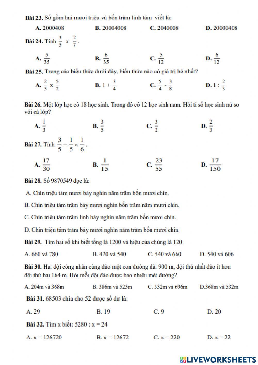 Đề 1 Ôn tập cuối năm môn Toán 4