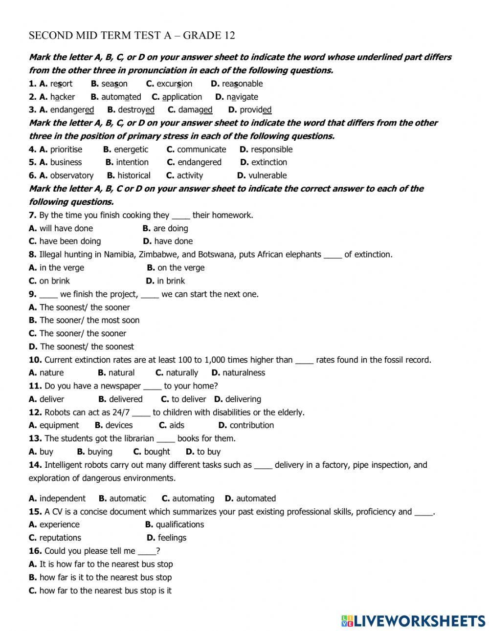 Second mid term test a -grade 12