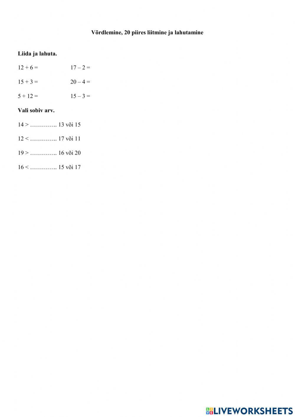 20 piires liitmine ja lahutamine