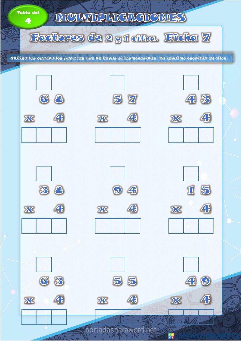 MULTIPLICACIONES 2 cifras x 4. Ficha 7