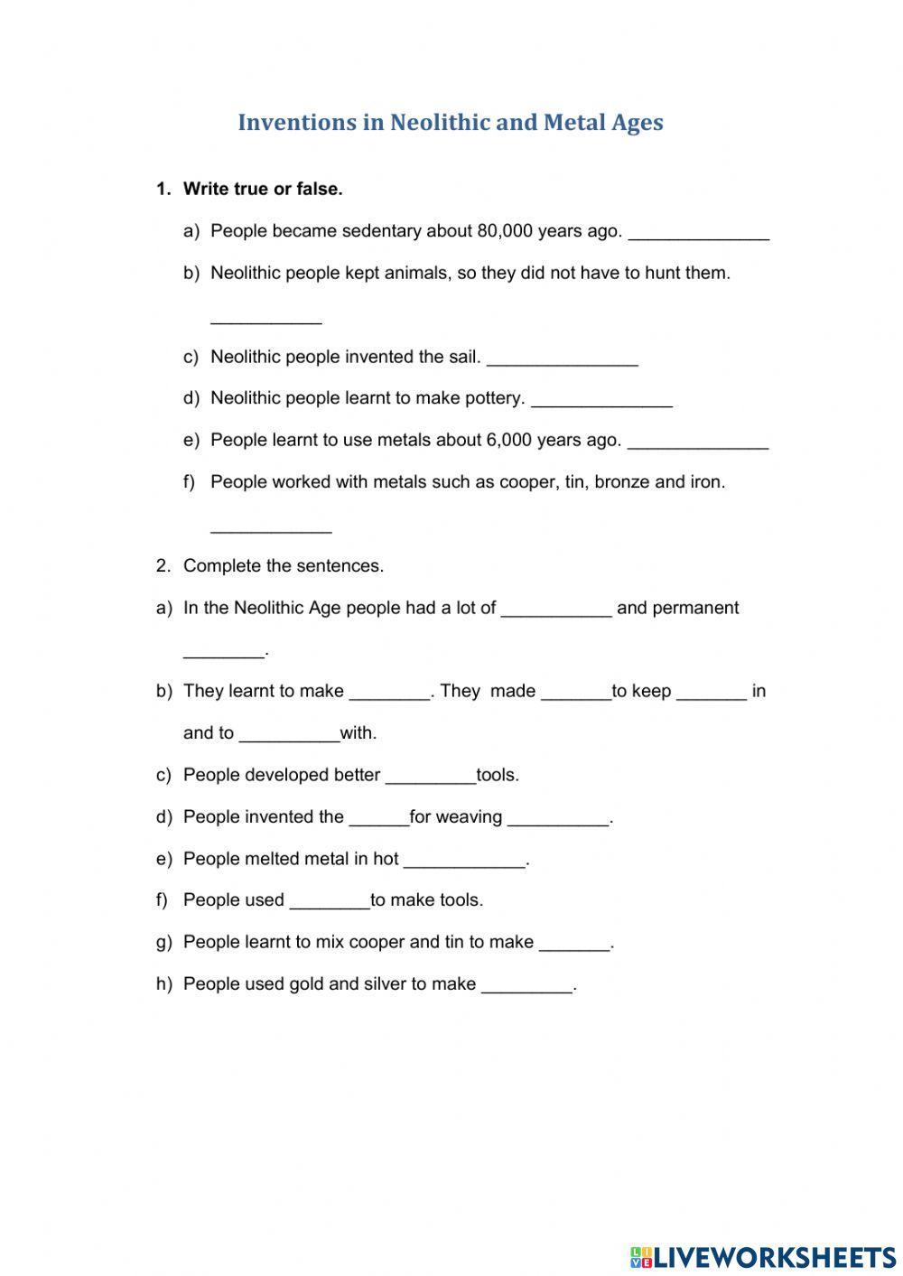 Neolithic age and metal ages