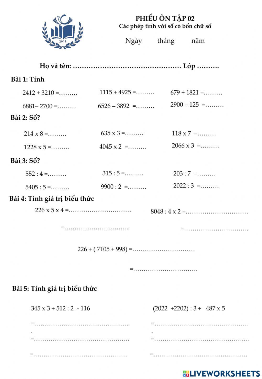 Các phép tính phạm vi 10000
