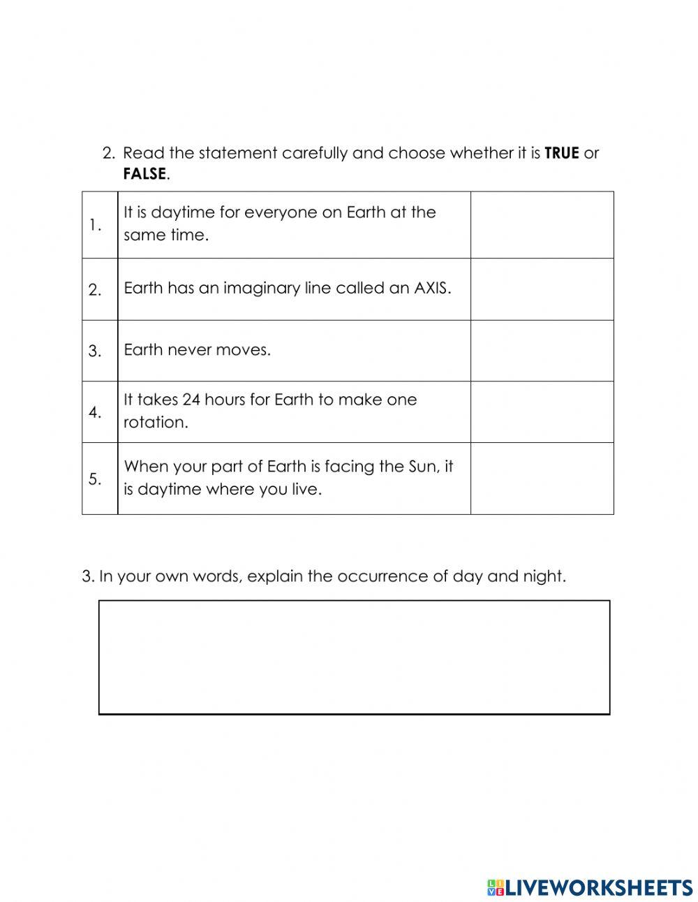 Year 6 the occurence of day and night online exercise for live worksheets