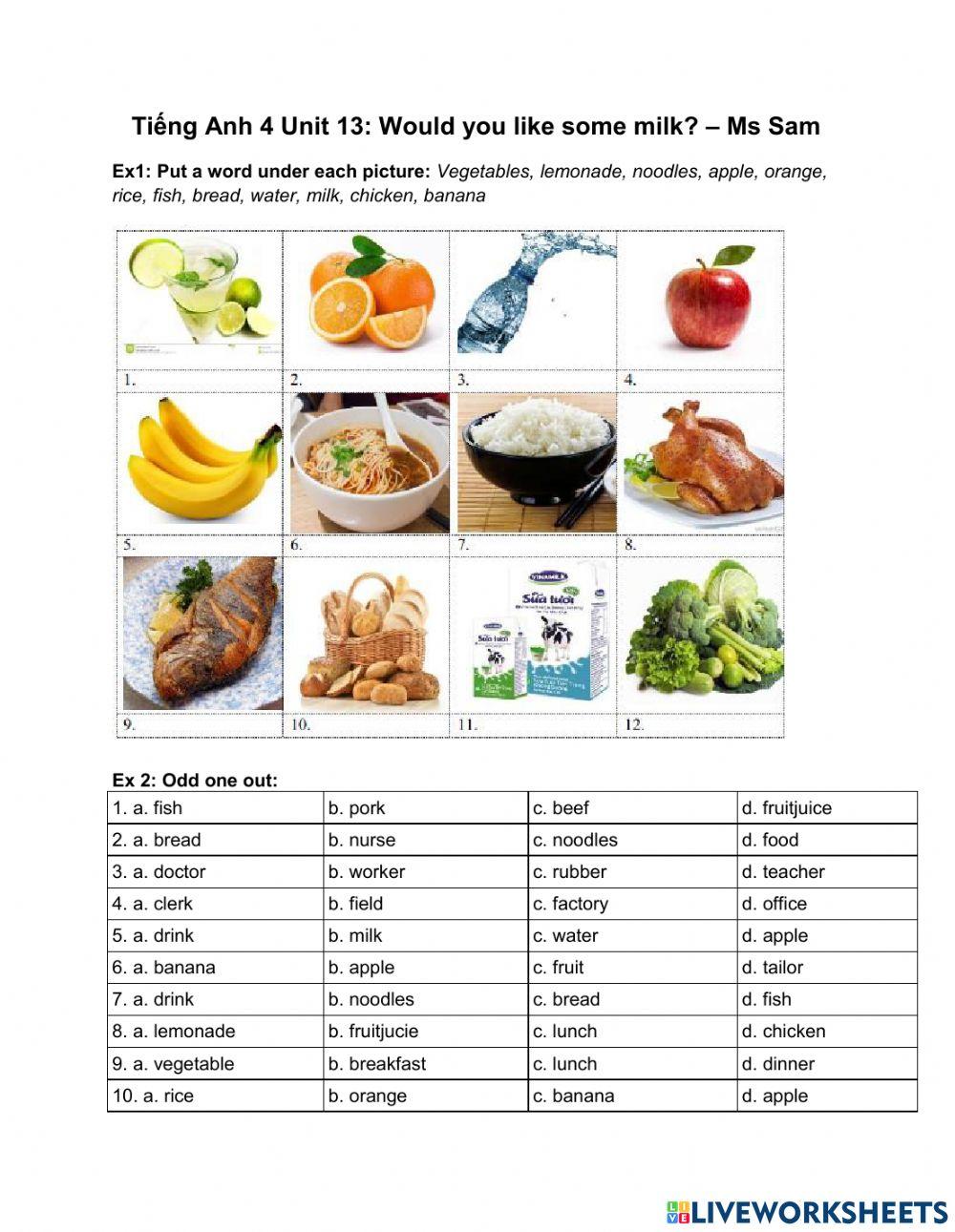 Tiếng anh 4 Unit 13 Would you like some milk?