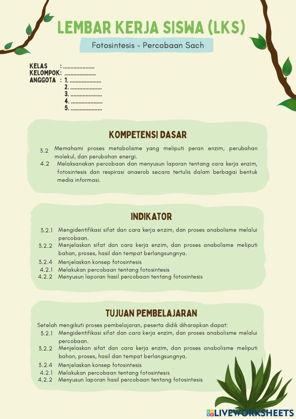 LEMBAR KERJA SISWA (LKS): Fotosintesis – Percobaan  Sachs