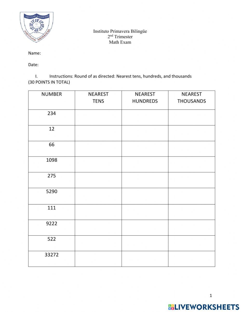 Math Exam interactive exercise for 4th grade | Live Worksheets
