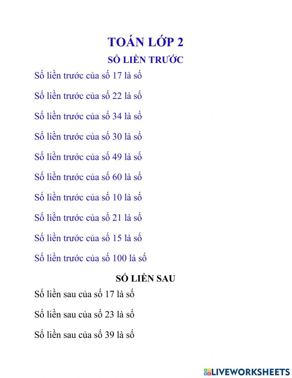 Toán lớp 2 số liền trước, số liền sau