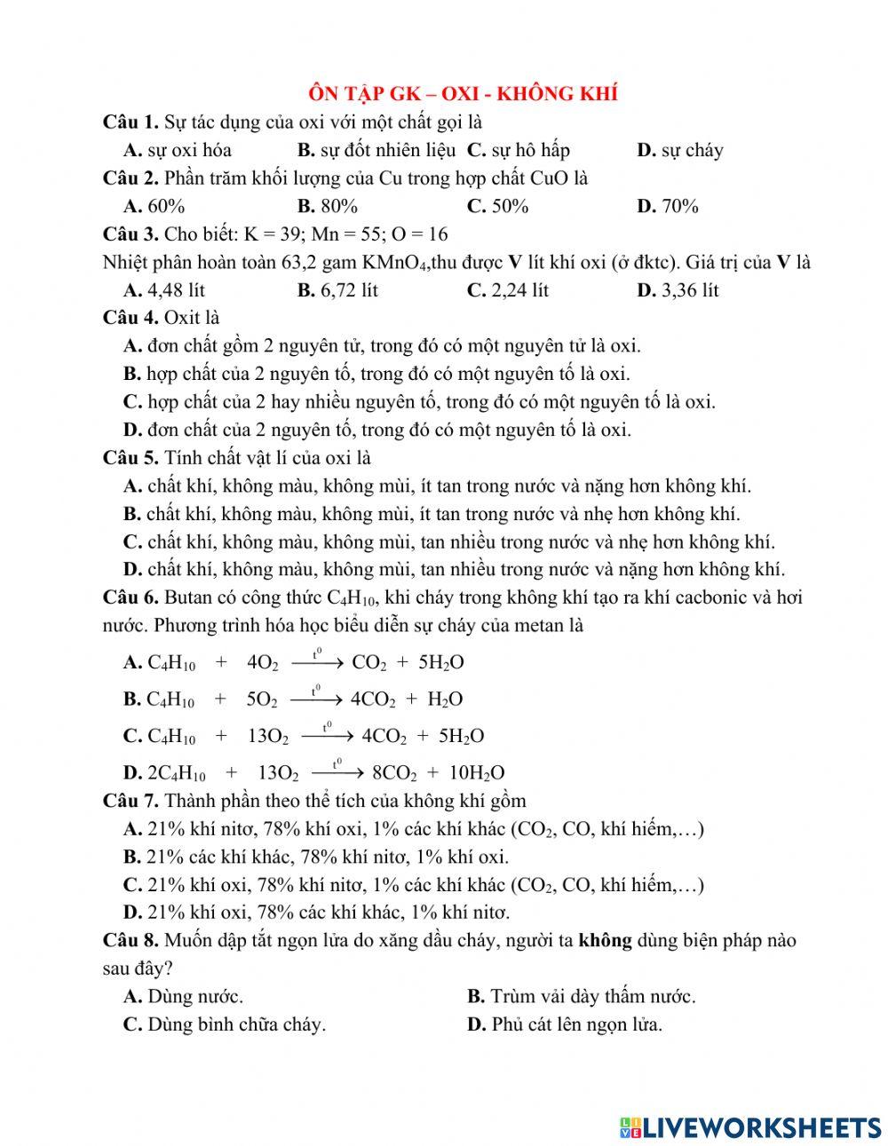 Ôn tập giữa kỳ: oxi - không khí