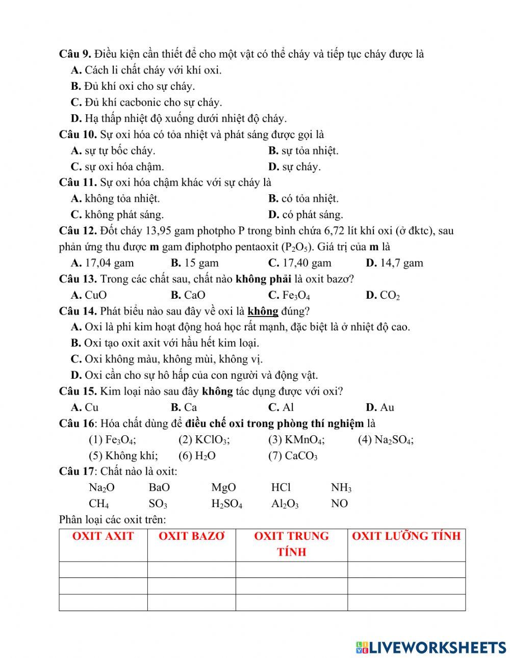 Ôn tập giữa kỳ: oxi - không khí