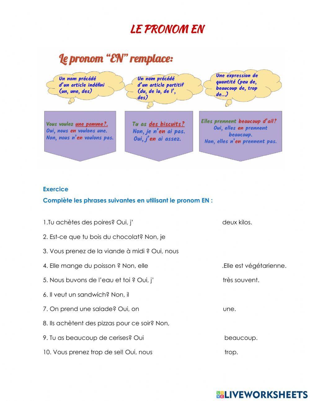 Le pronom EN | Free Interactive Worksheets | 1938100