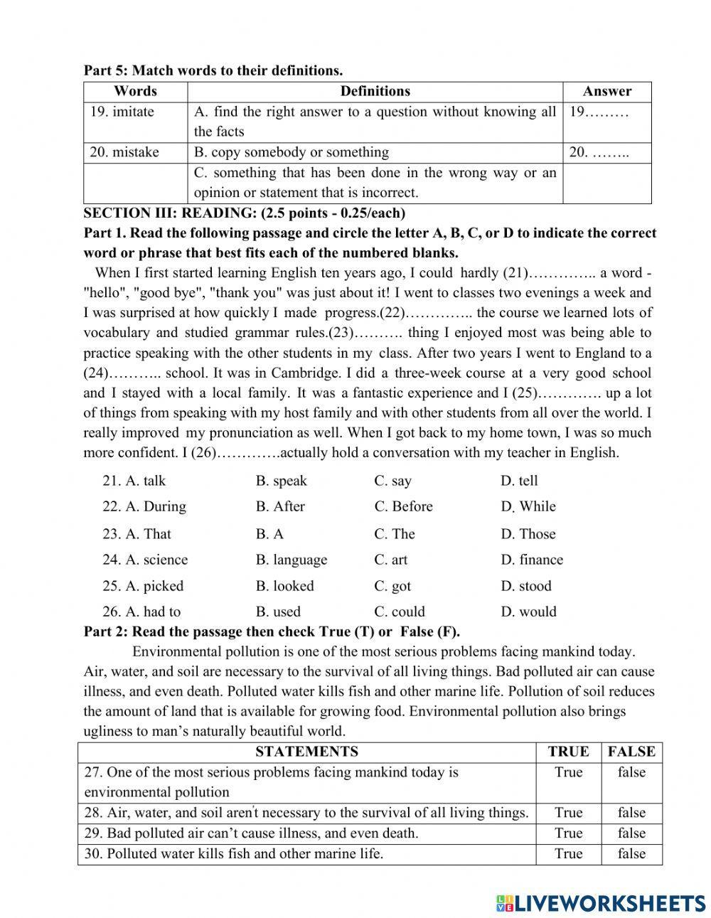 Kiểm tra giữa kì 2 - anh 9 thí điểm