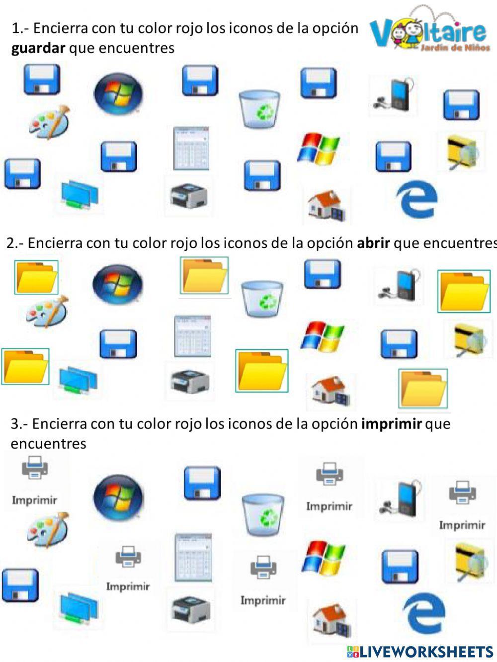 Iconos de guardar, abrir, imprimr