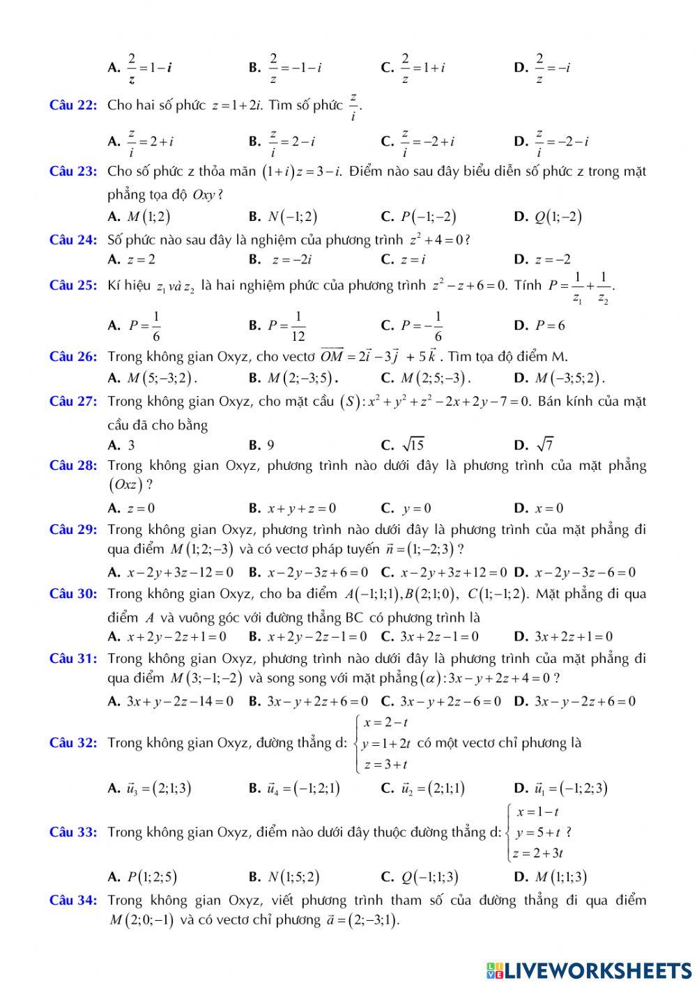 Toán 12 - Kiểm tra CK2 - Đề minh họa 01