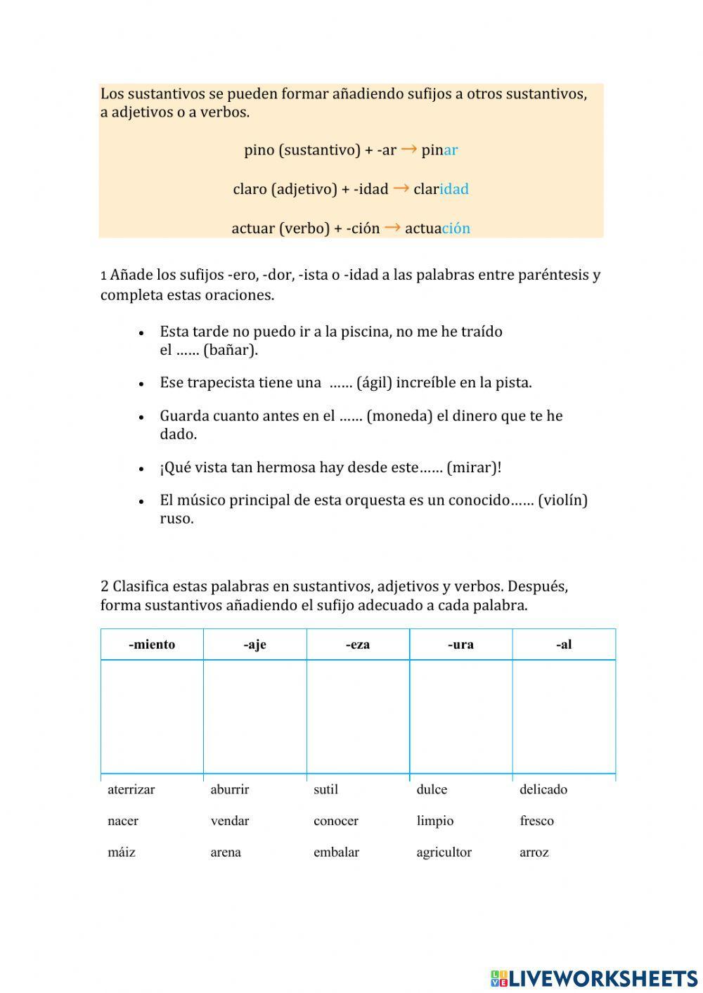 Ficha de  la formación de sustantivos