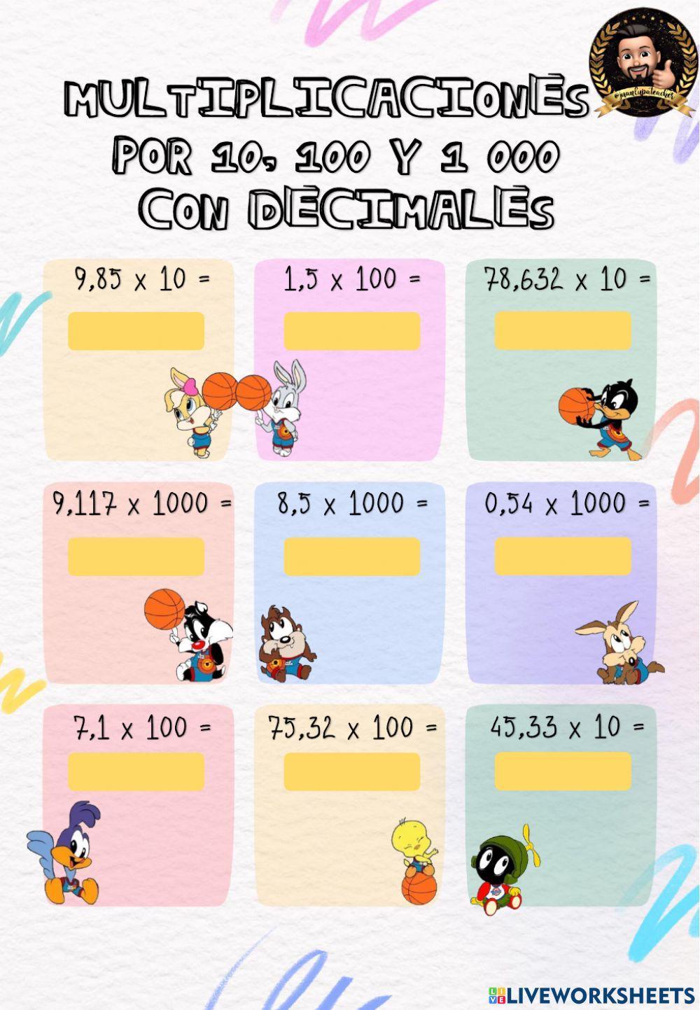Multiplicaciones de decimales x 10,100 y 1000