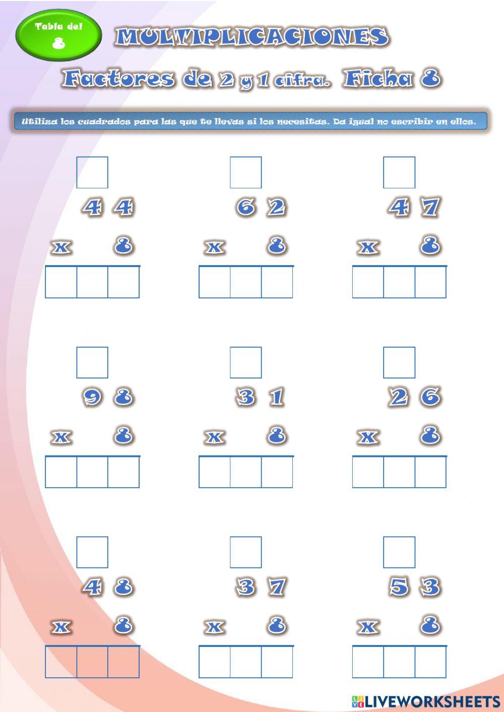 MULTIPLICACIONES 2 cifras x 8. Ficha 8