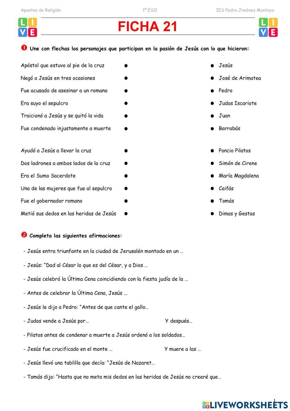 1º ESO. Tema 7. La pasión, muerte y resurrección de Cristo. Ficha 21