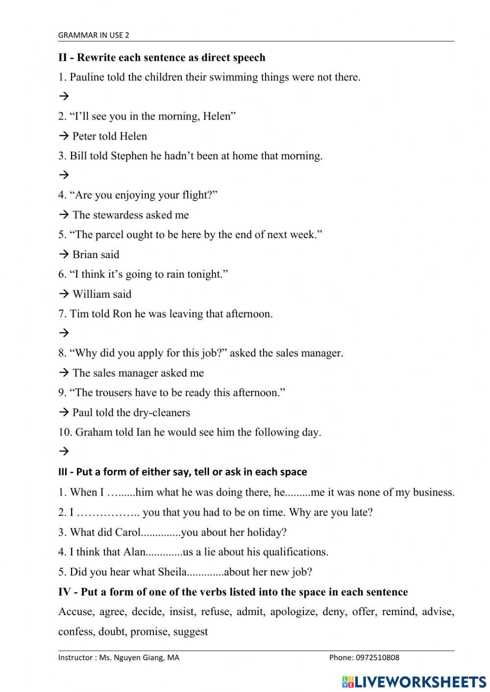 Unit 8 - reported speech worksheet | Live Worksheets