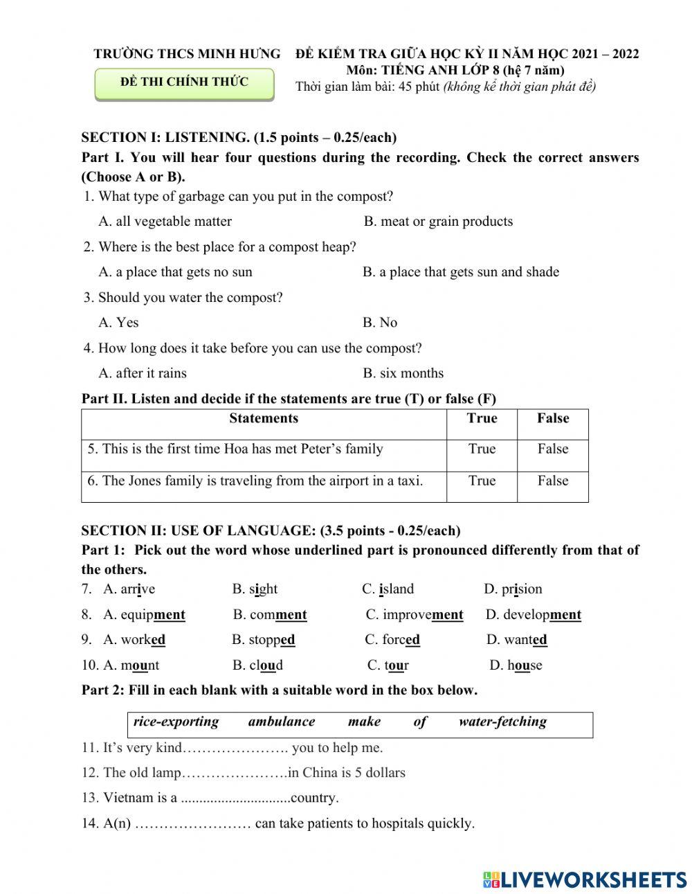 Kiểm tra giữa kì 2 anh 8 cũ