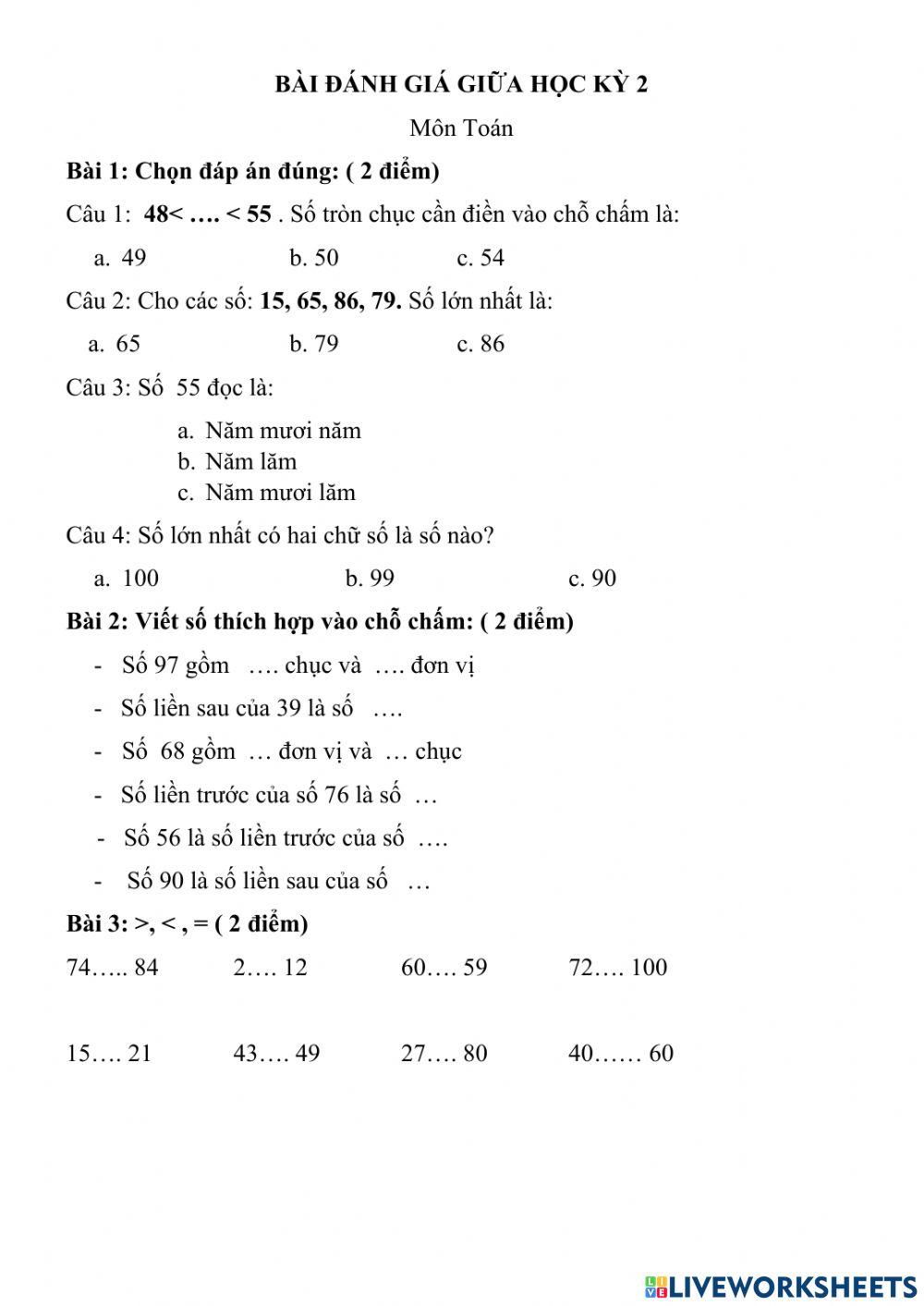 Bài đánh giá giữa kì 2 môn Toán
