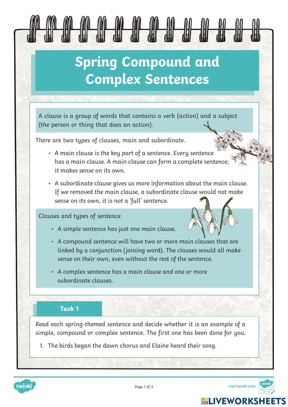 Compound Vs complex sentences online exercise for Live Worksheets