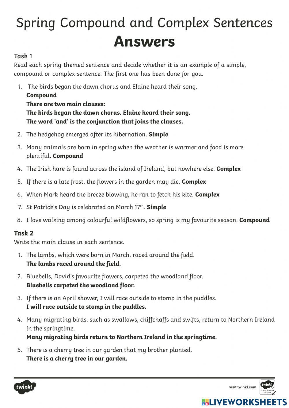 Compound Vs complex sentences online exercise for Live Worksheets