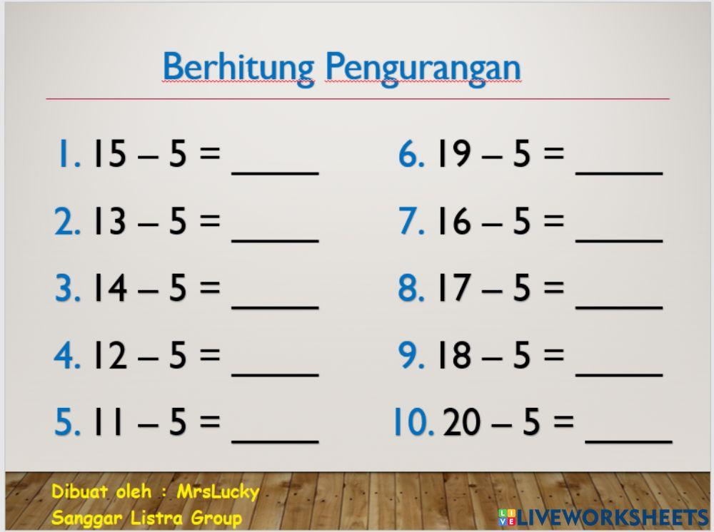 Berhitung pengurangan 5 kurang dari 20