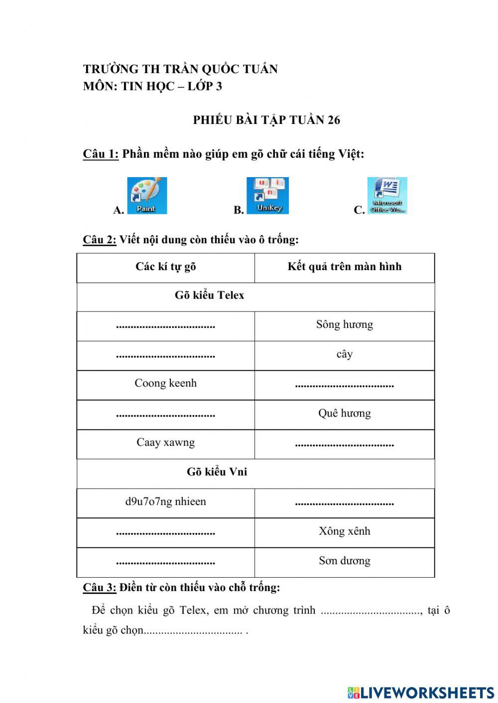 BT tin học lớp 3 - tuần 26