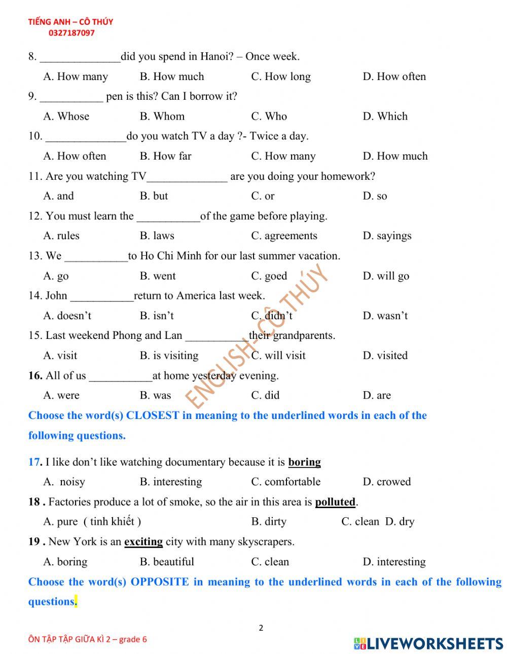 Test 2- giữa kì - grade 6 online exercise for | Live Worksheets