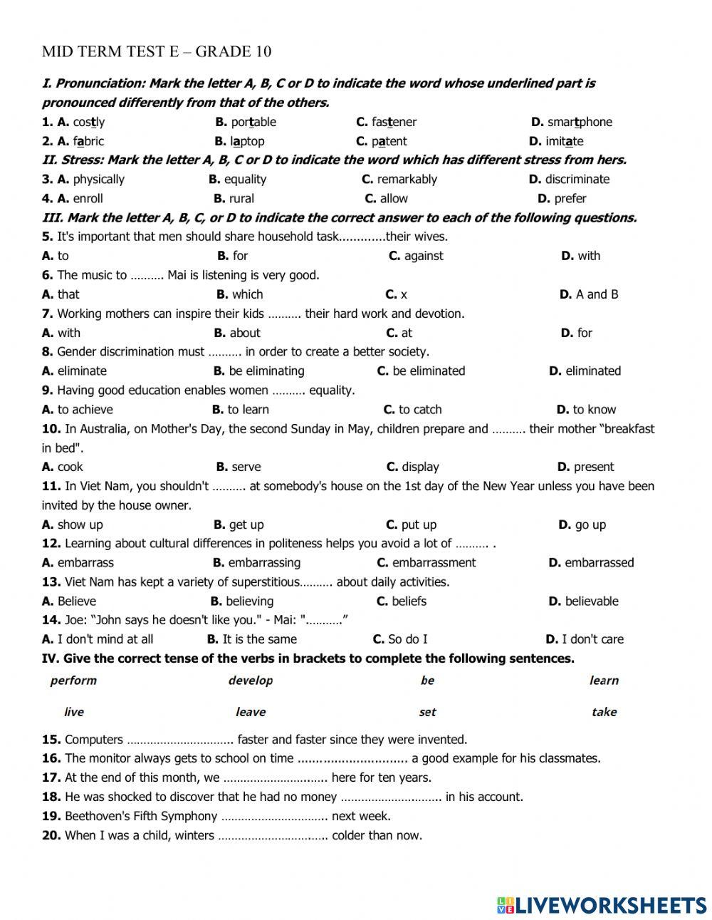 Second mid term test e -grade 10