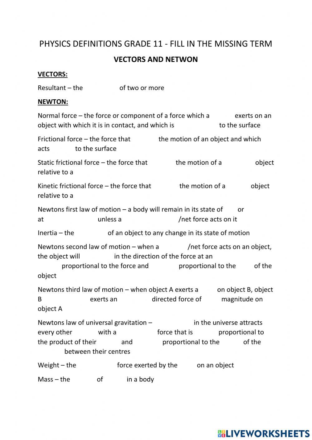 Grade 11 Vectors and Newton Definitions