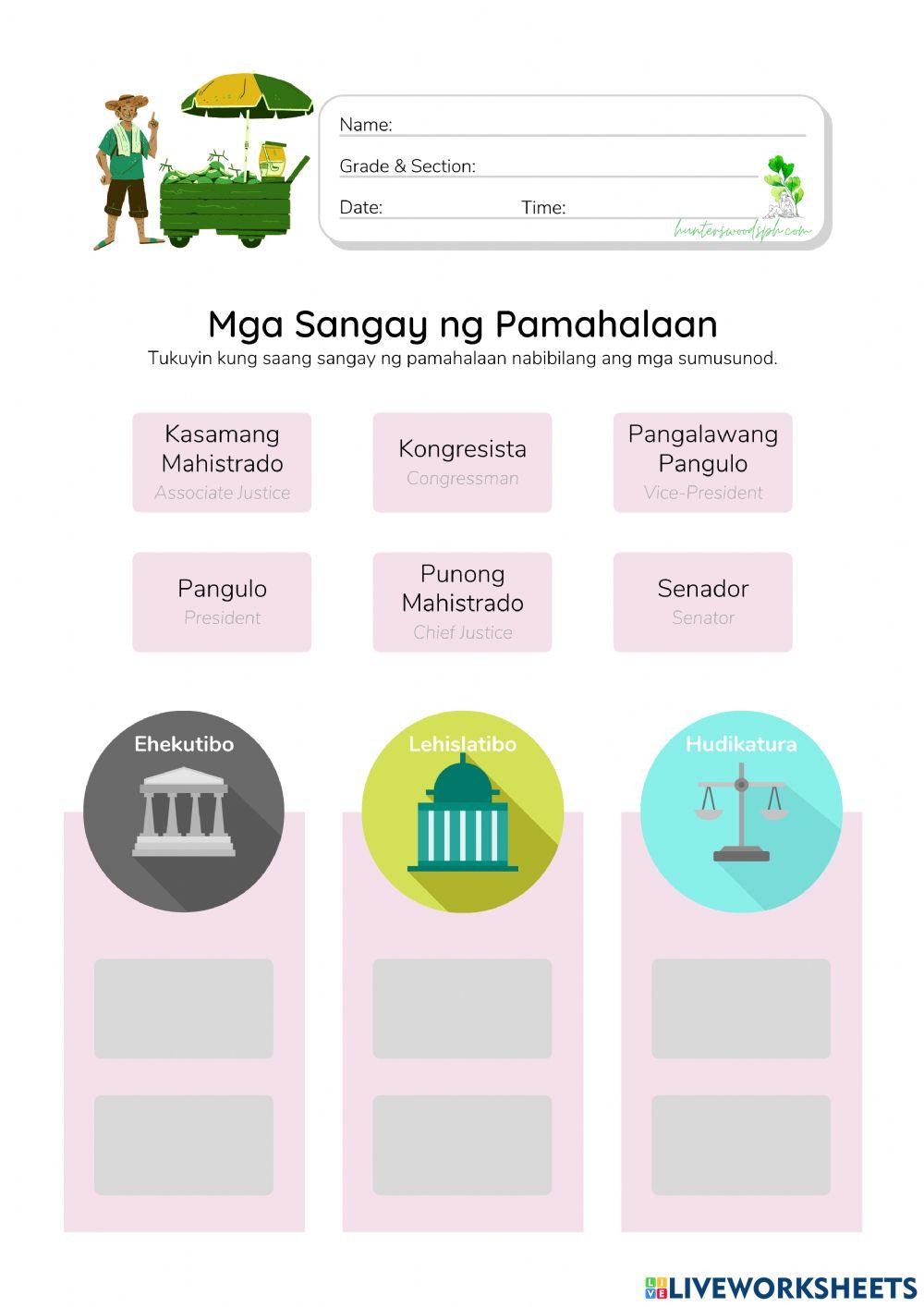 Mga Sangay ng Pamahalaan ng Pilipinas - HunterWoodsPH.com Worksheet