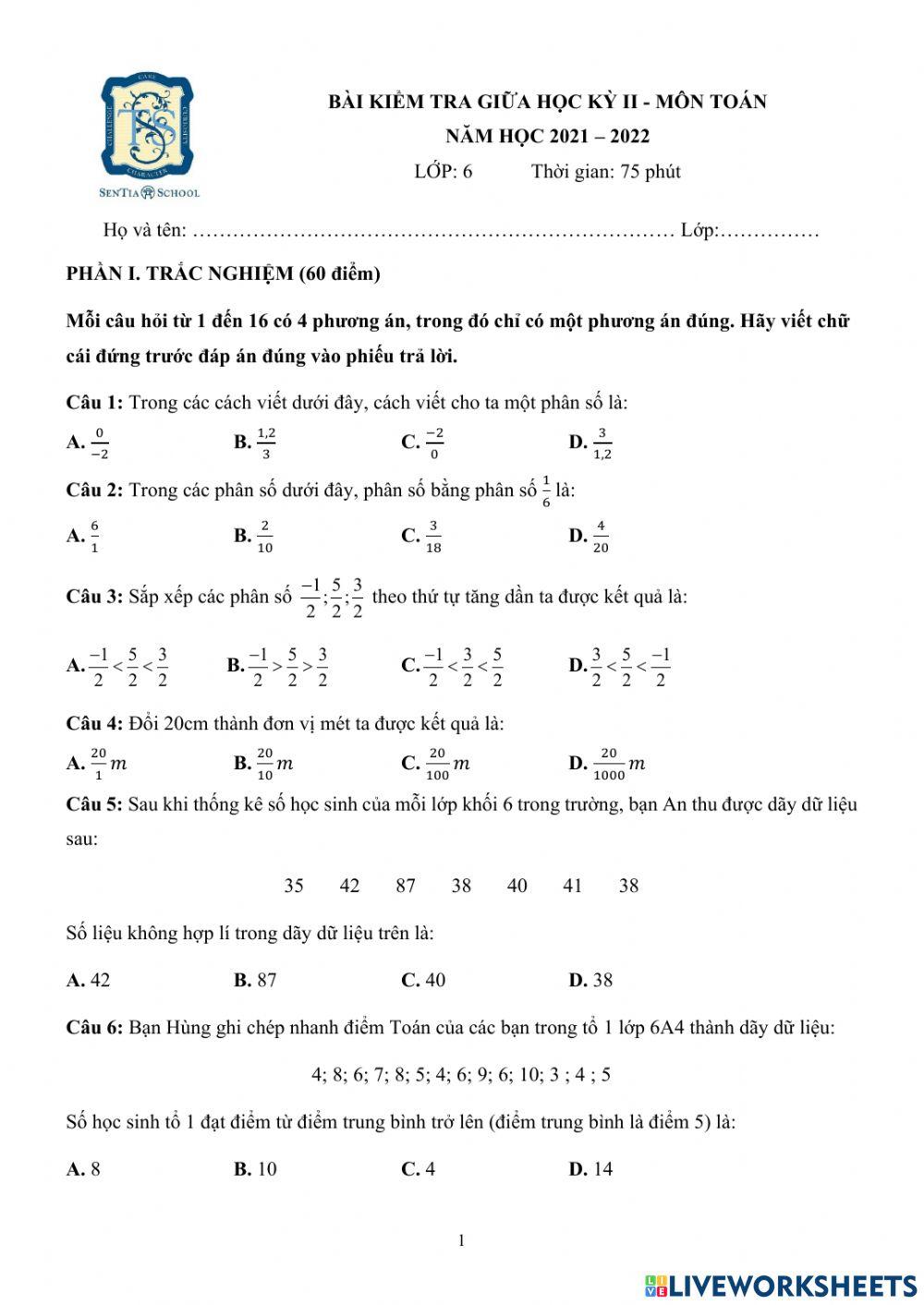 6 Đề kiểm tra giữa học kì II