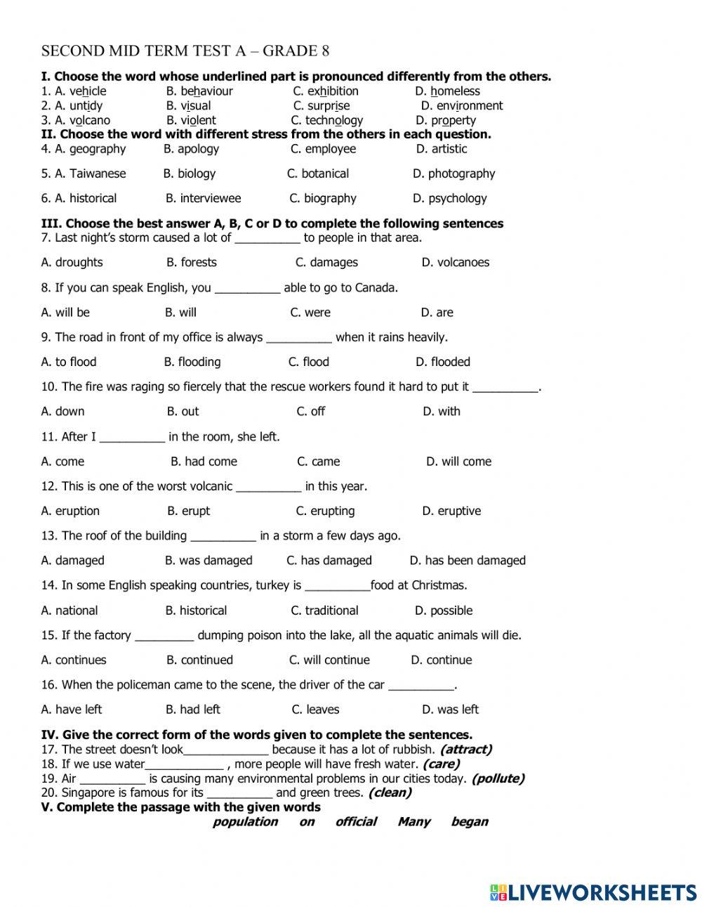 Second mid term test a- grade 8