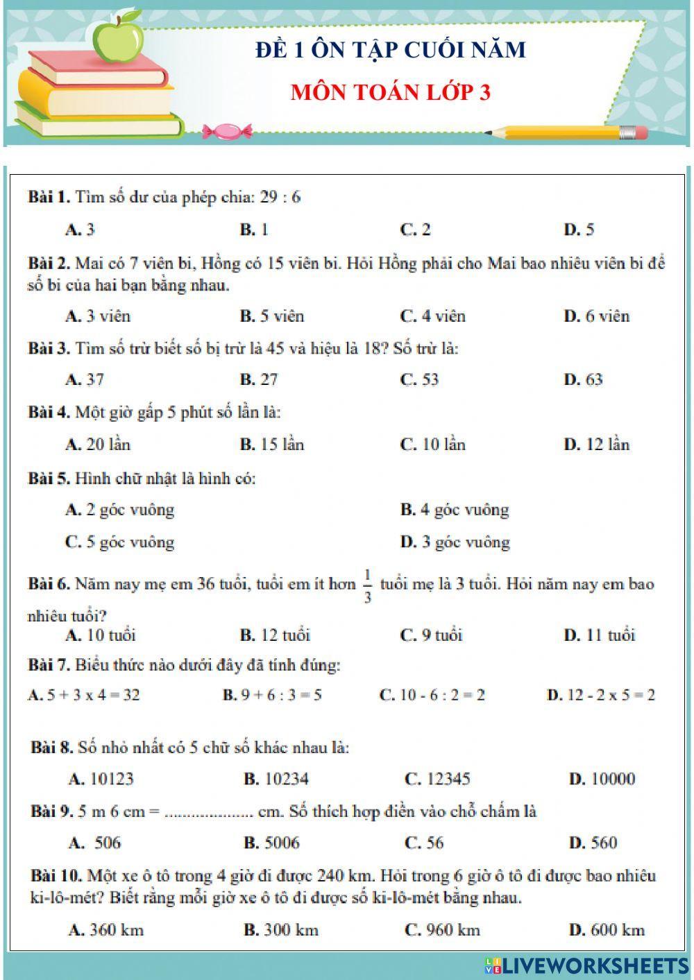 Đề 1 Ôn tập cuối năm môn Toán 3