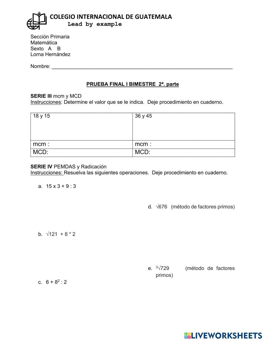 Prueba Final I Bimestre Sexto 2a. parte