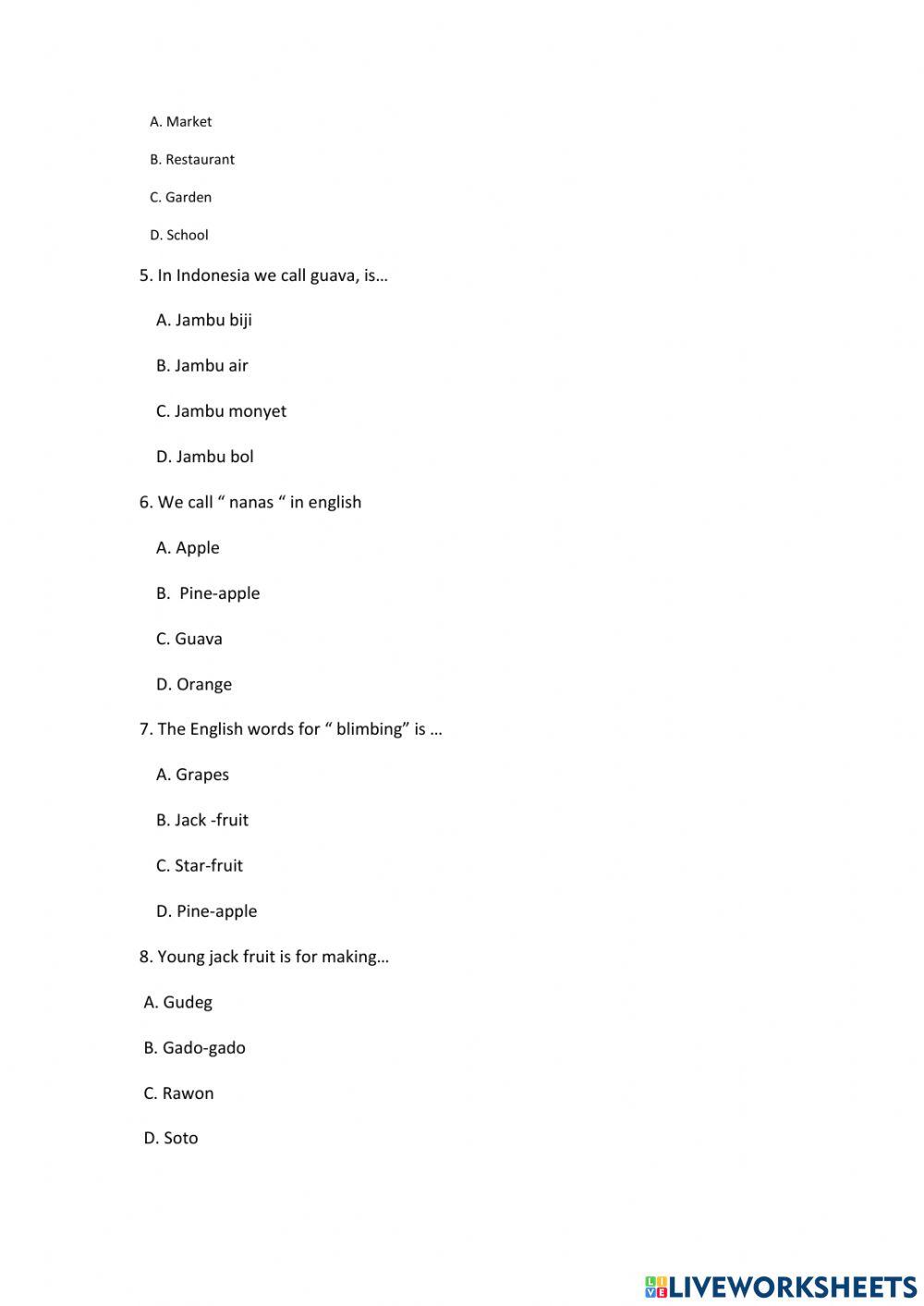 Soal PTS Bahasa Inggris Kelas 4 Semester 2