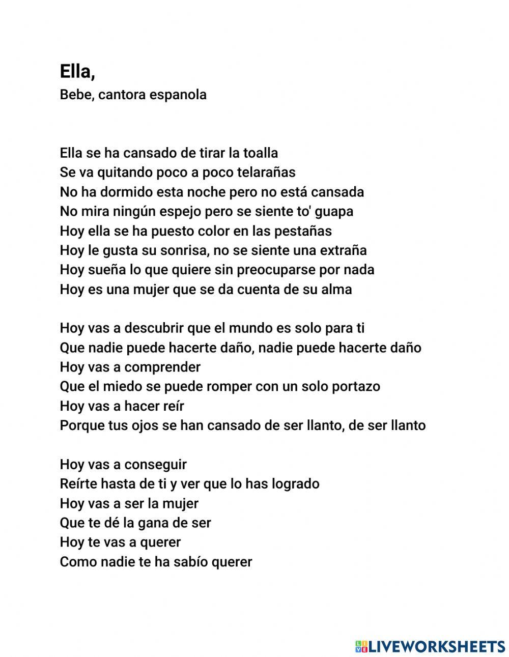 Ella, cancion de BeBe.  Lectura y preguntas.
