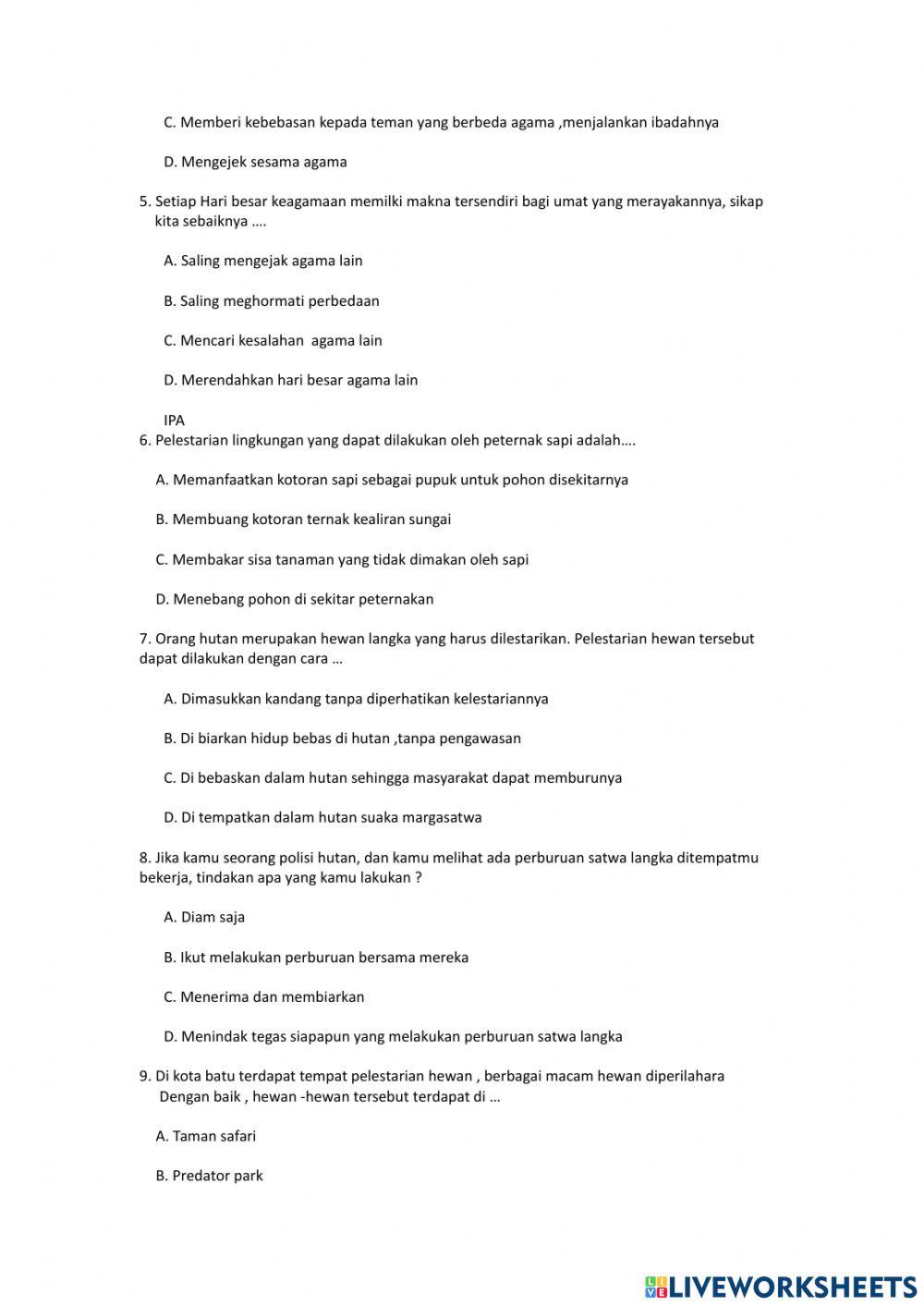 Soal PTS Tema 6 Subtema 3 Kelas 4 Semester 2