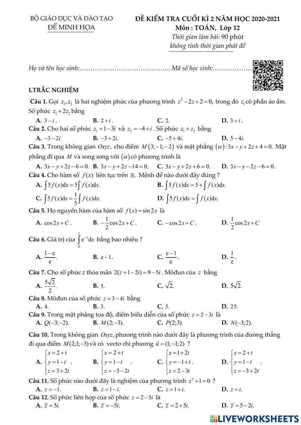 Toán 12 - Kiểm tra CK2 - Đề minh họa 02-BGD