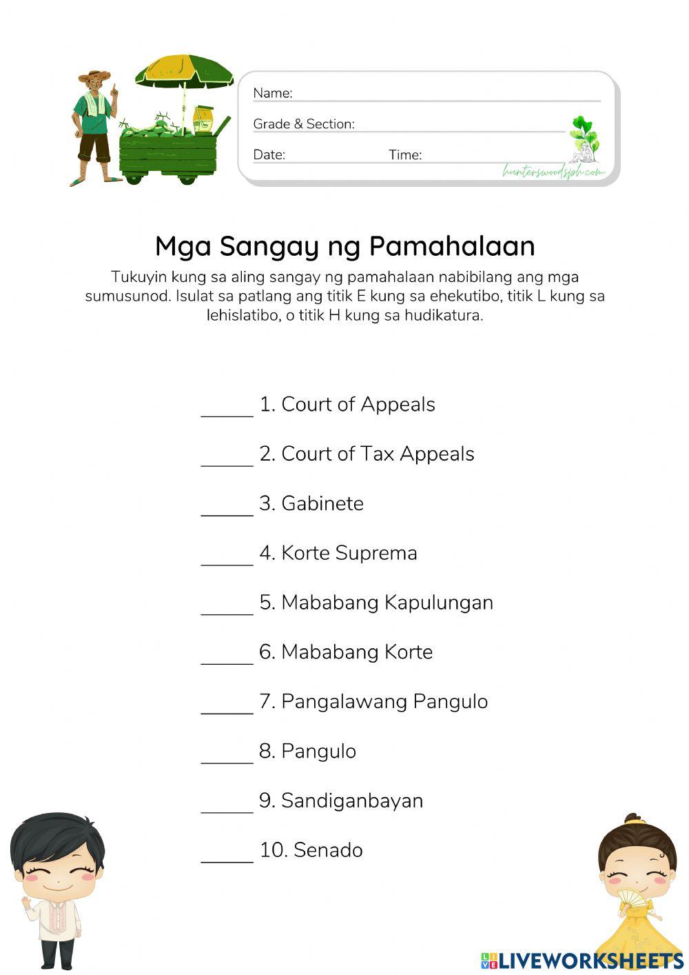 Mga Sangay ng Pamahalaan ng Pilipinas - HunterWoodsPH.com Worksheet