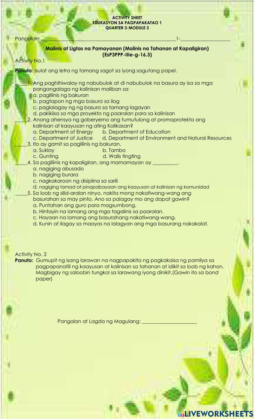 Malinis at Ligtas na Pamayanan (Malinis na Tahanan at Kapaligiran) (EsP3PPP-IIIe-g-16.3)