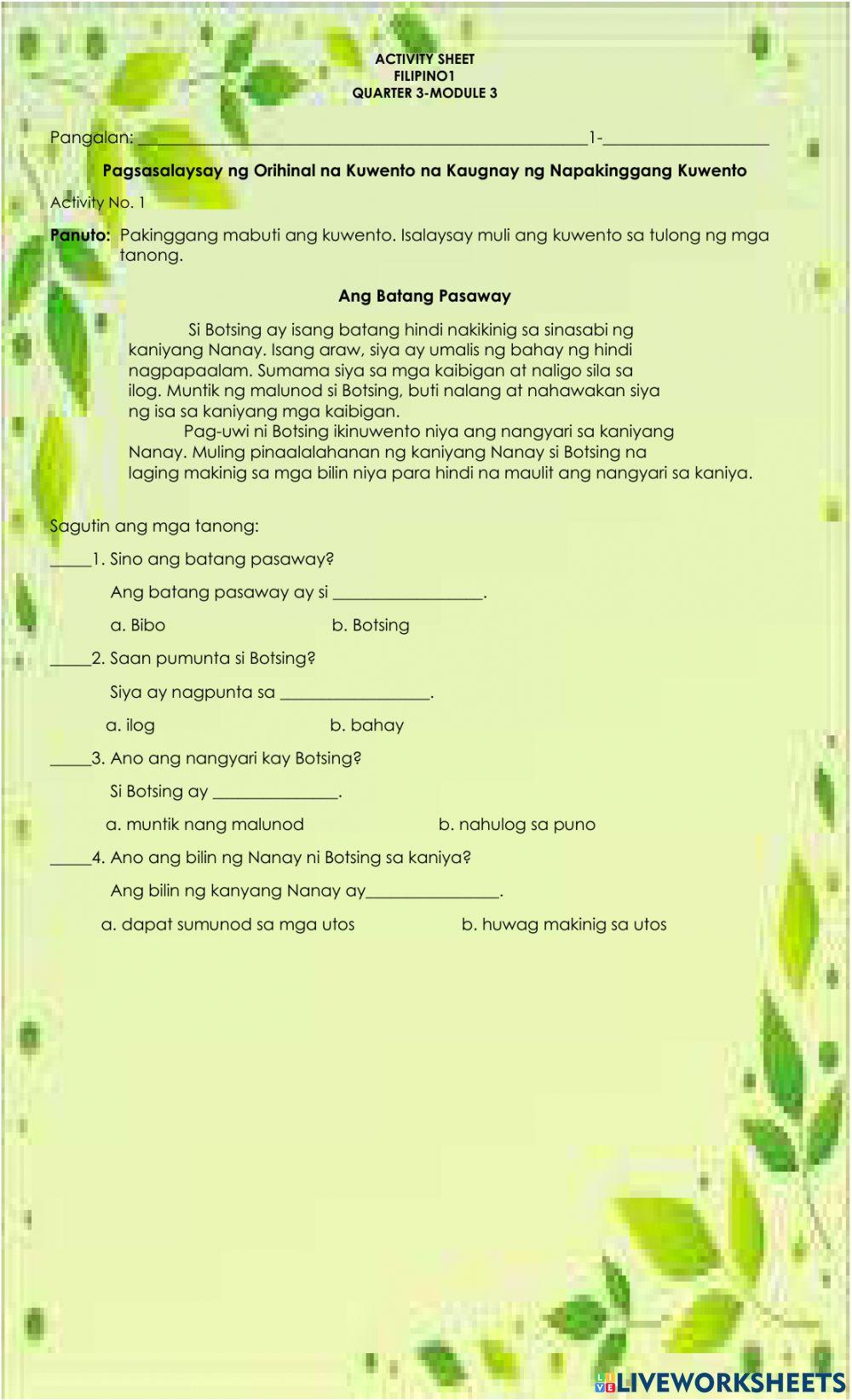 Pagsasalaysay ng Orihinal na Kuwento na Kaugnay ng Napakinggang Kuwento