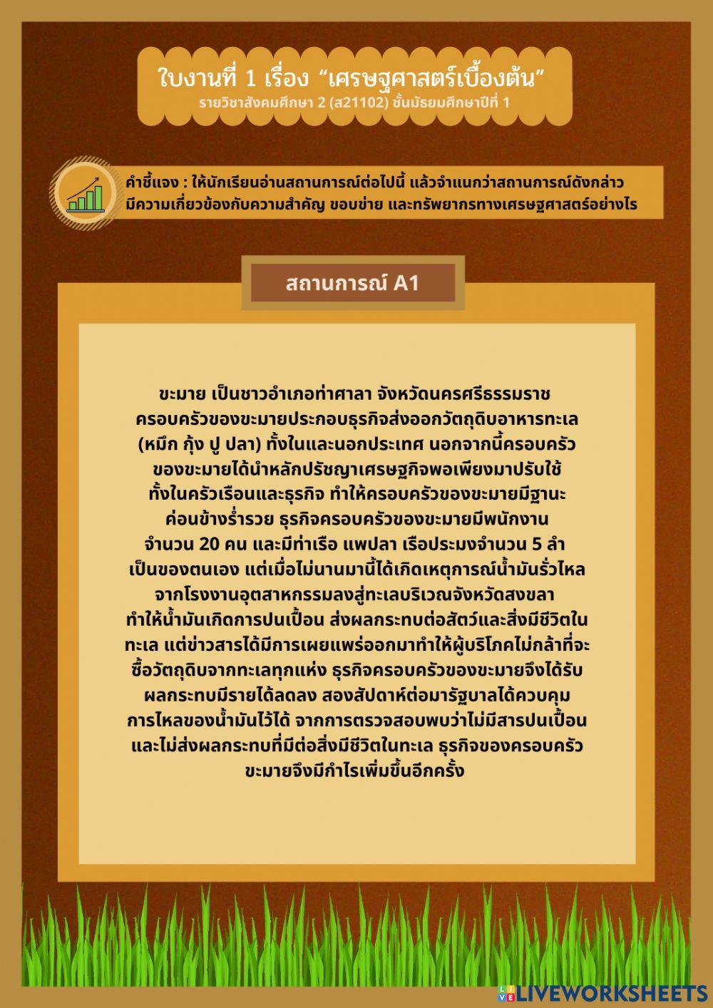 ใบงานที่ 1 เรื่อง “เศรษฐศาสตร์เบื้องต้น” กลุ่ม a1