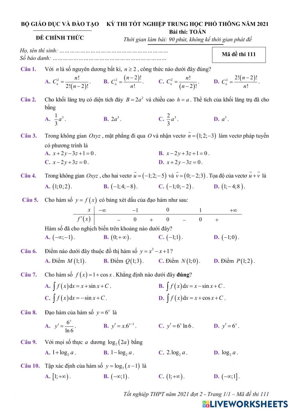 TNTHPT-2022-Đề thi THPT 2021-Mã 111