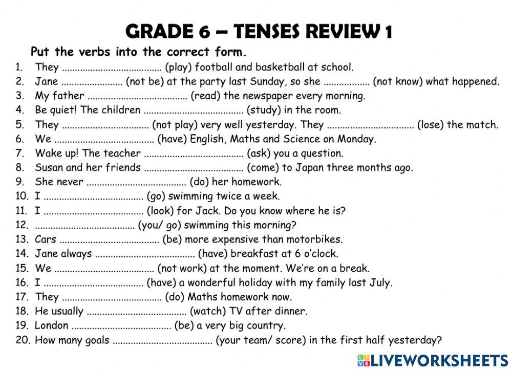 tenses assignment for class 6