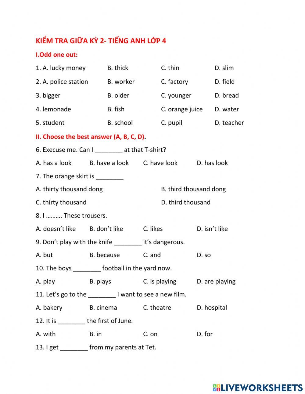 Midterm test - Học kỳ 2- lớp 4