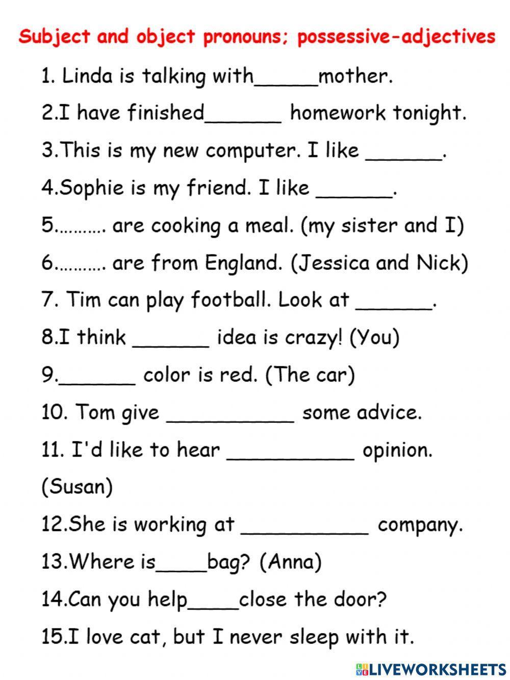 Subject And Object Pronouns Possessive adjectives Worksheet Live 