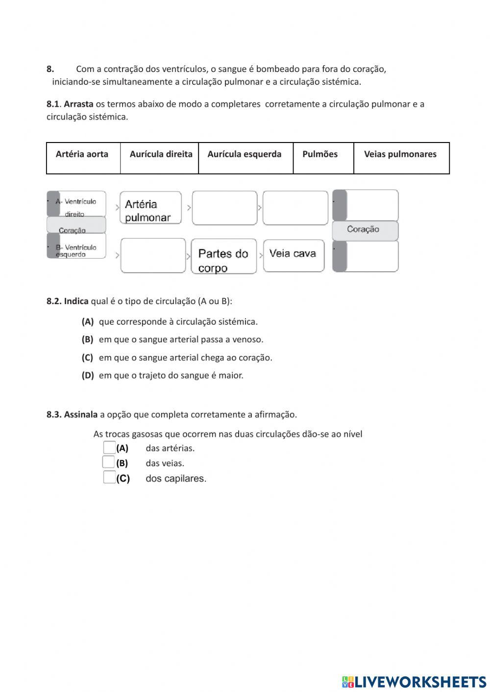 Teste  CN 6º ano Sistema respiratório e sistema cardiovascular.